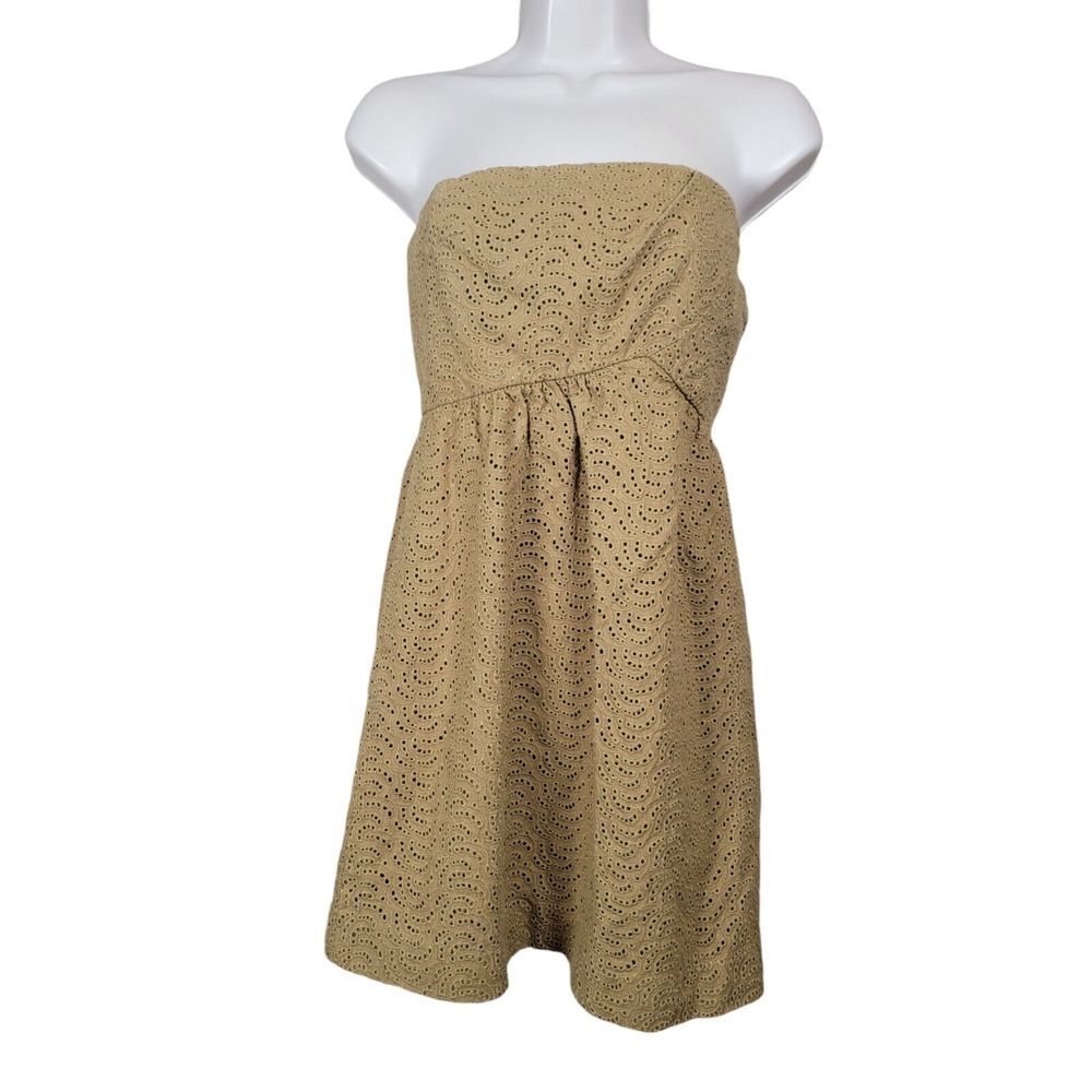 Tibi‎ Women Size 6 Dress Romper Gold Eyelet Lined Strapless 100% Linen